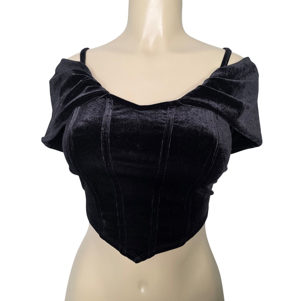 Crop Top Womens M Black Velvet Corset Off Shoulder Sweetheart Whimsygoth Witchy